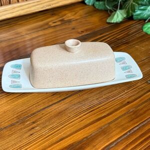 Metlox Poppytrail Navajo Butter Dish Vintag MCM Tan Teal Speckled Good Condition